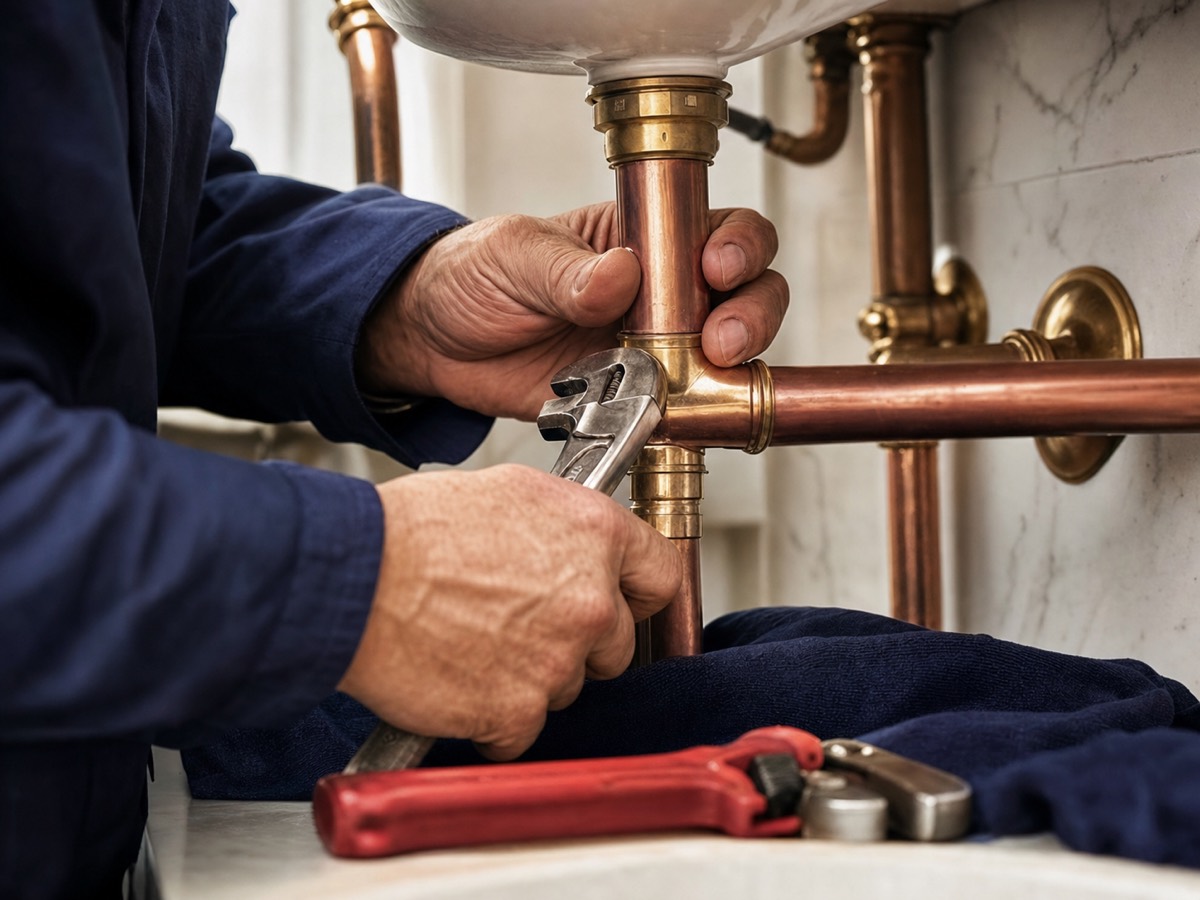 Professional plumbing tools and a carefully prepared pipe connection